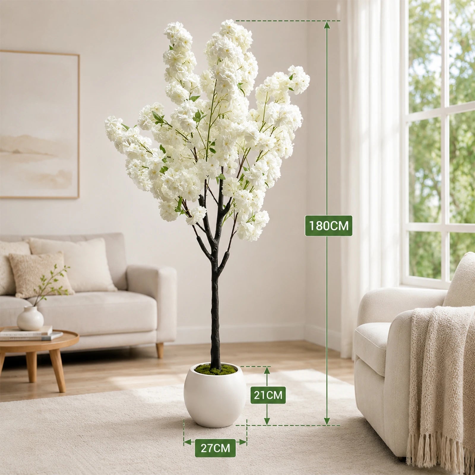 Artificial Cherry Blossom Tree, White Flower Faux Plant in Pot for Home,Office,Wedding,Garden,Party,Hotel Decoration