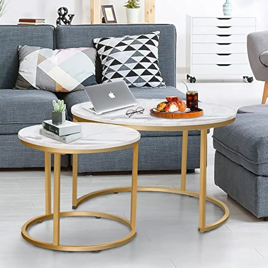 Coffee Table Nesting White Set of 2 Side Set Golden Frame Circular Round and Marble Pattern Wooden Tables, Living Room Bedroom