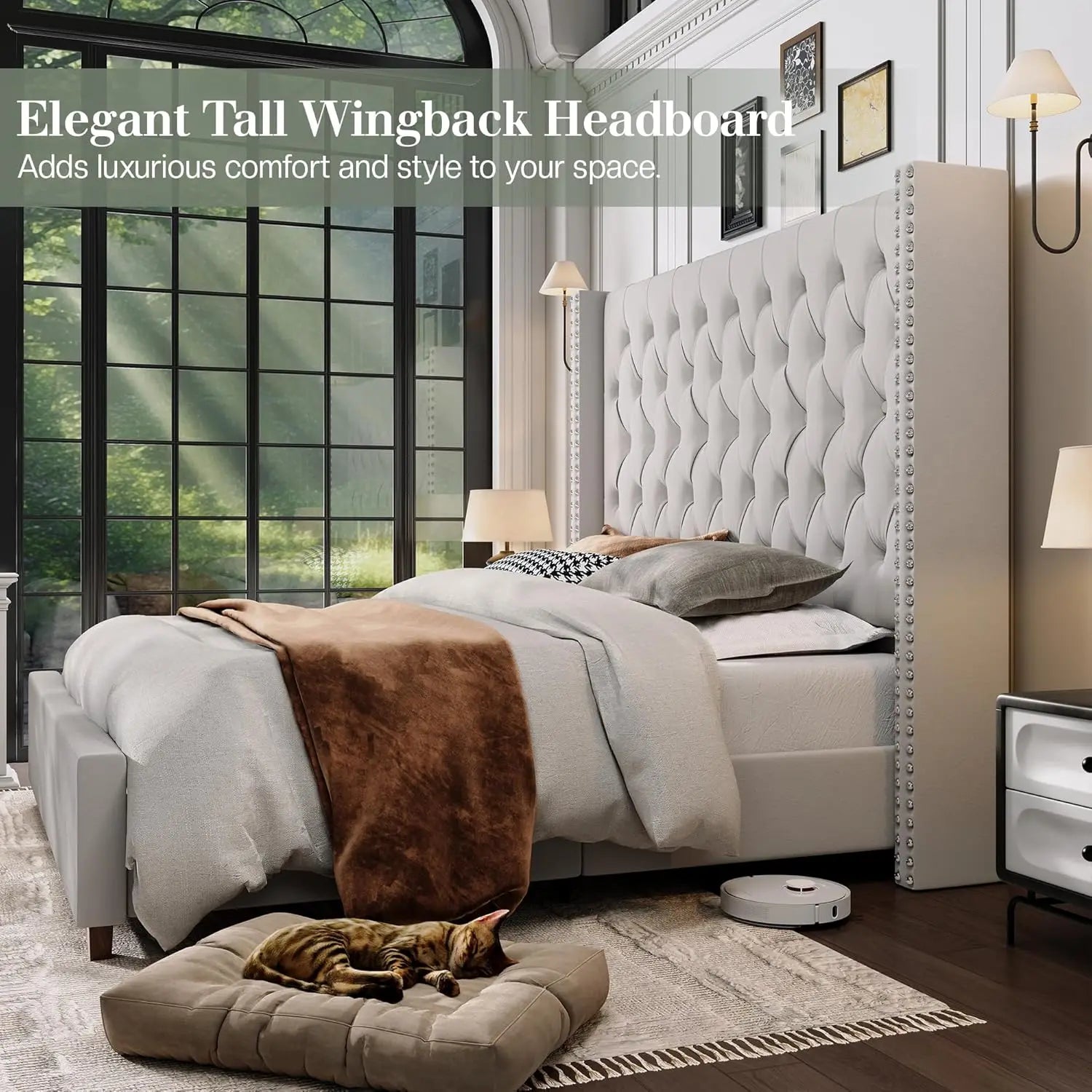 Queen Size Bed Frame with 61.4'' Tall Headboard, Velvet Upholstered Wingback Platform Design, Handcrafted Pleats