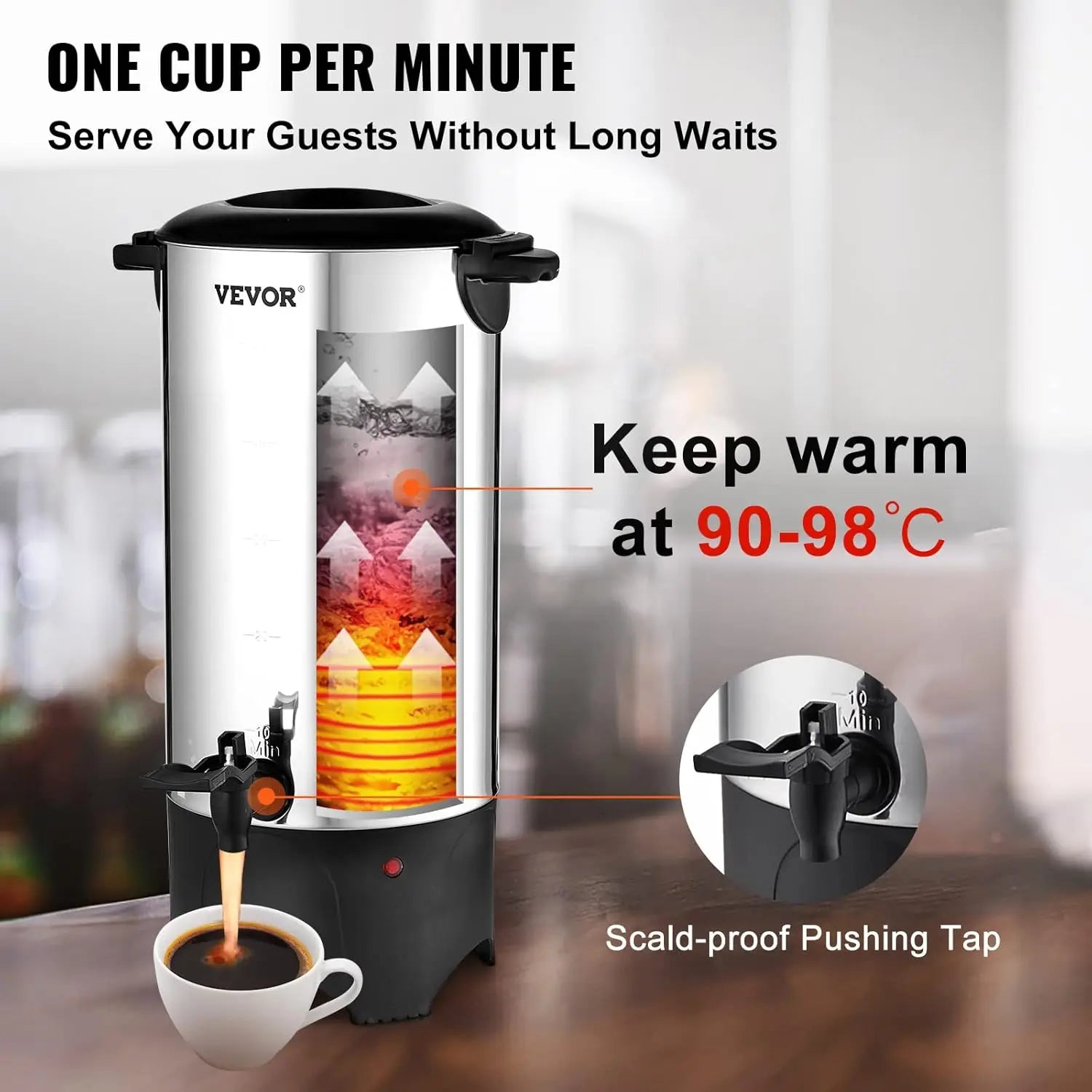 50 Cup Commercial Coffee Urn 7.5L Stainless Steel Electric Dispenser 1000W Fast Brewing