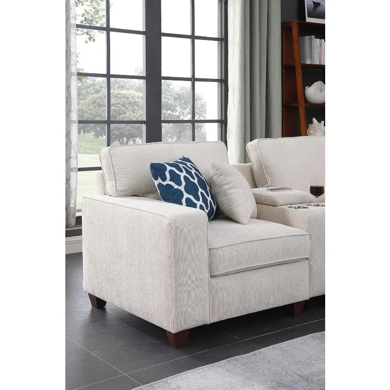 127" L-Shaped Sectional Couch with Movable Ottoman & 6 Throw Pillows ,W/2 Cup Holders ,Beige
