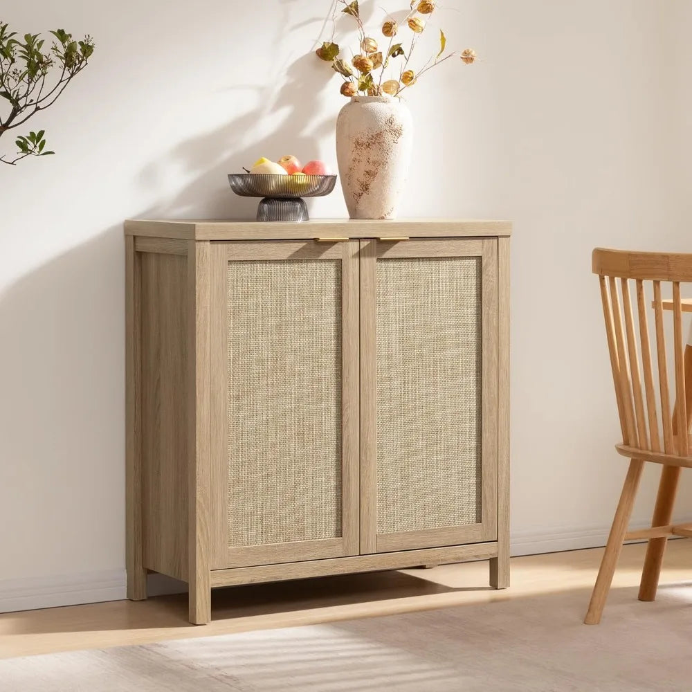Rattan Sideboard Buffet Cabinet - Boho Large Credenza Storage Coffee Bar Cabinet with Rattan Storage, Buffet Console/ Accent Table
