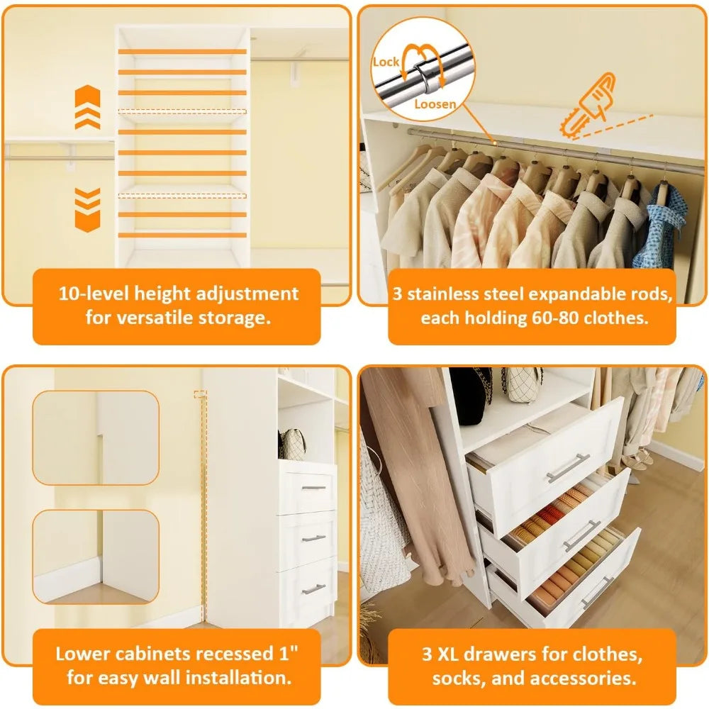 Closet System with Drawers, 5FT-8FT Closet Organizer System with Shelves & Expandable Hanging Rods