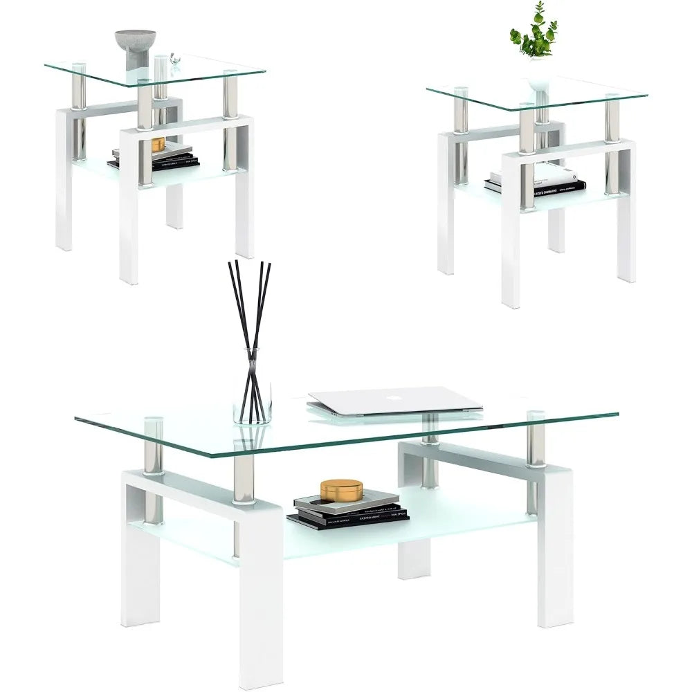 Living Room Tables Set,3 Piece Glass Coffee Table and End Tables Set for Living Room, Coffee Table Set with Tempered Glass Table