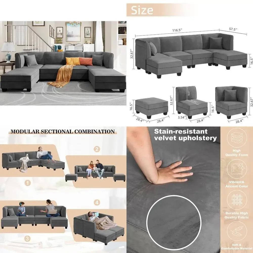 Large 6-Seat Velvet U-Shaped Sectional Sofa with Reversible Chaise, 116" for Living Room
