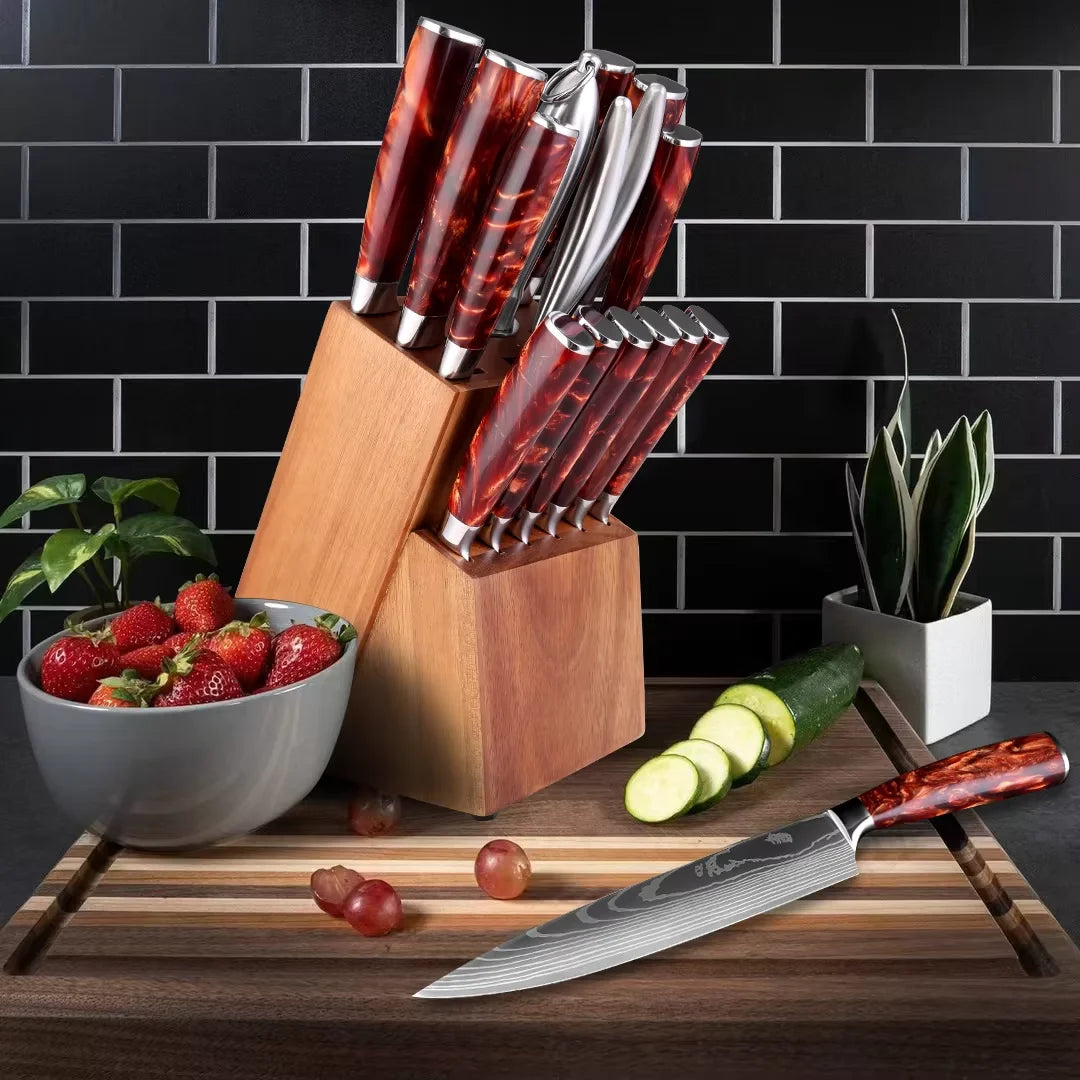 Kitchen Knife Set 15-Piece With Wooden Block, Laser Damascus Pattern Steel Professional Chef's Knife, With Scissor Sharpening Rod