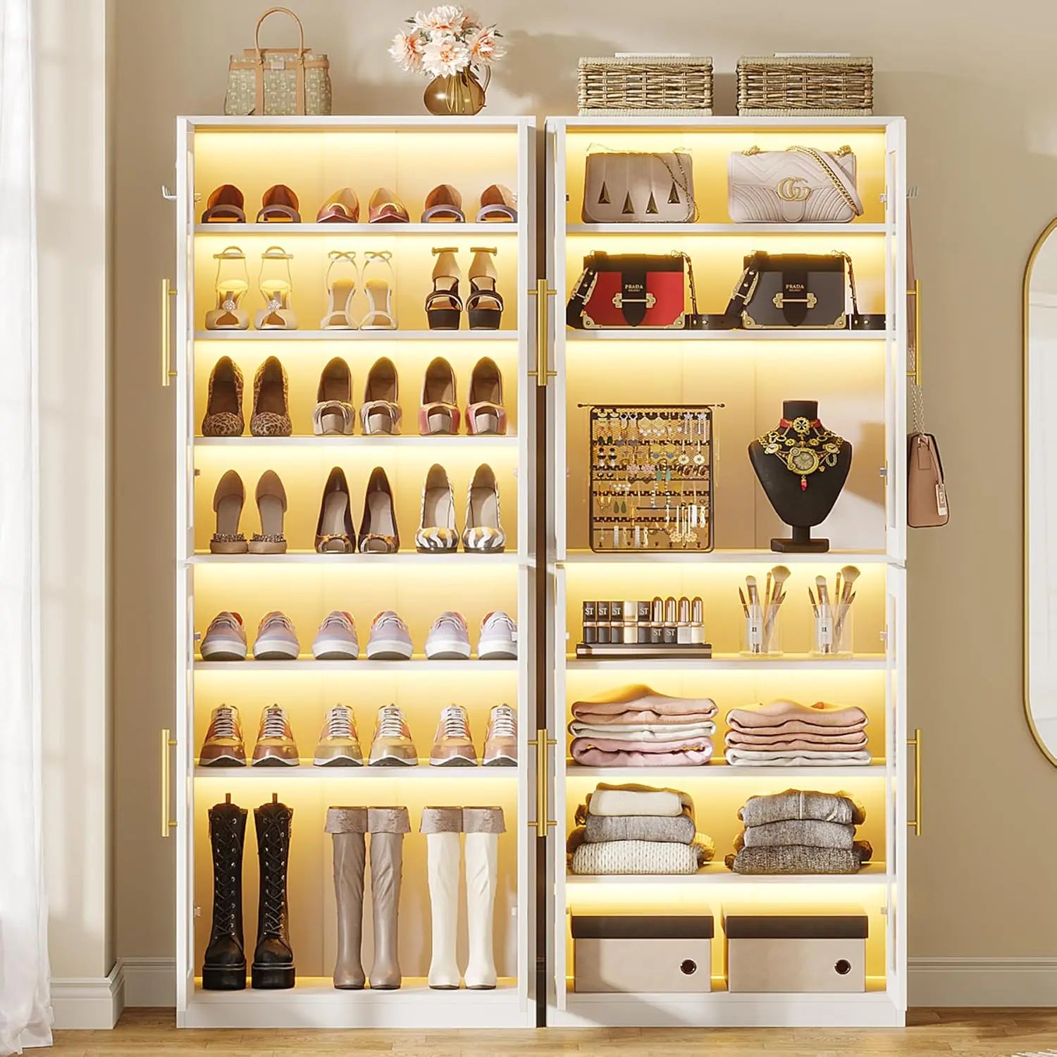 Tall Shoe Storage Cabinet with Acrylic Doors and LED Lights, 8-Tier Entryway Shoe Organizer Rack with Adjustable Shelves