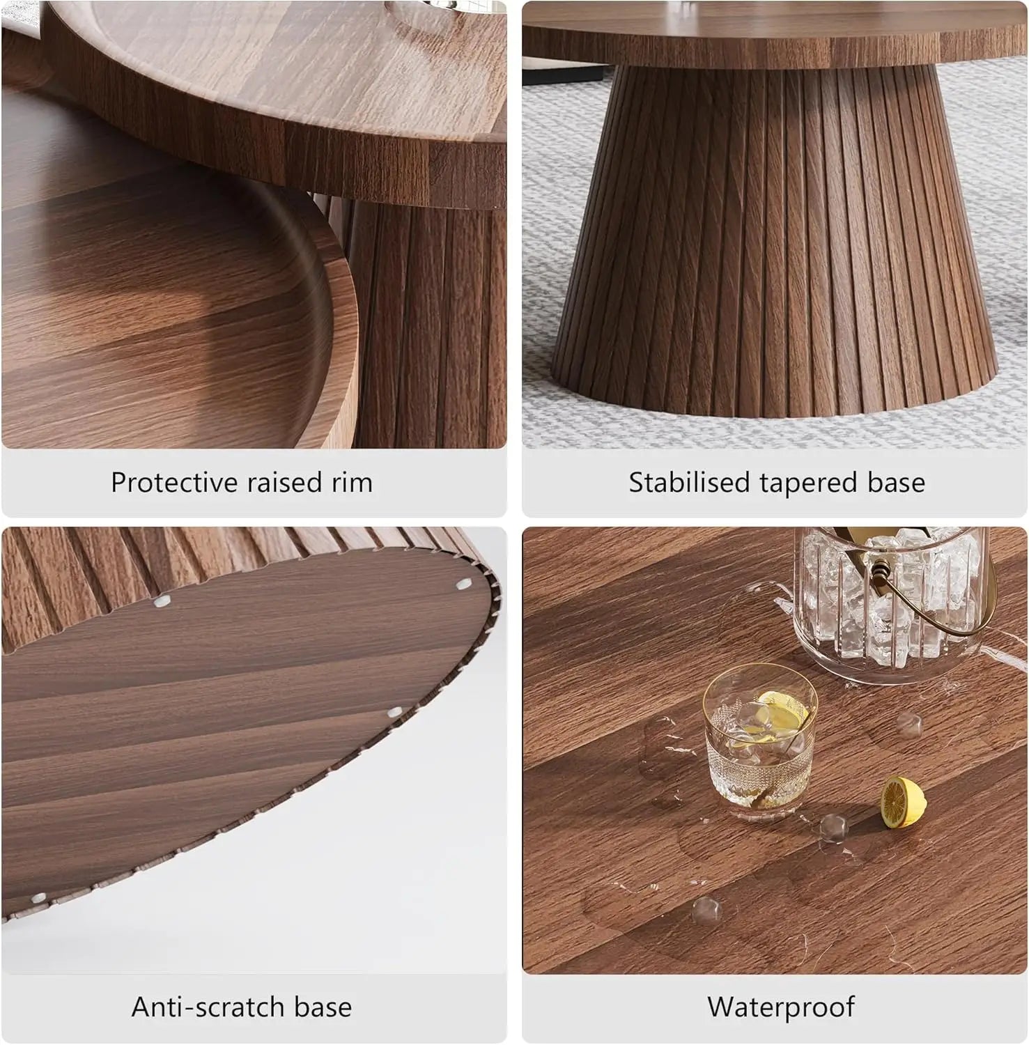 Nesting Coffee Table Set of 2, Mid Century Modern Coffee Table with Wood Grain Veneer, Fluted Round Tea Table
