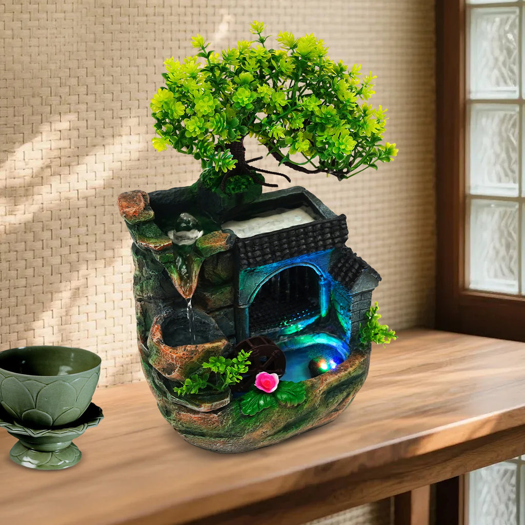 Tabletop Water Fountain with LED Light, Desktop Ornaments Resin Rockery Ornament for Office/ Living Room/ Desk Decor