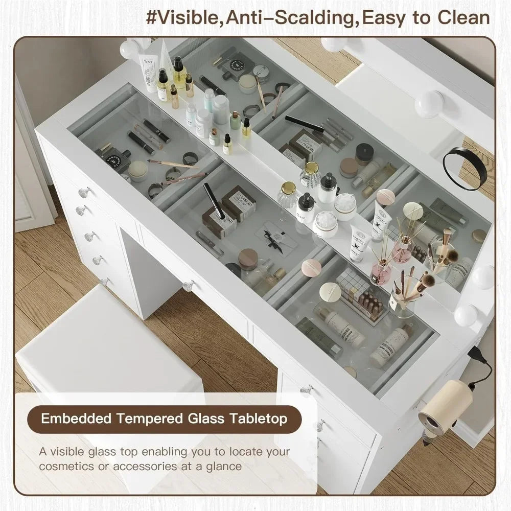 Vanity Desk with Power Outlet, Makeup Vanity with Mirror and 12 LED Lights, 3 Lighting Modes, 11 Drawers Vanity Table with Chair