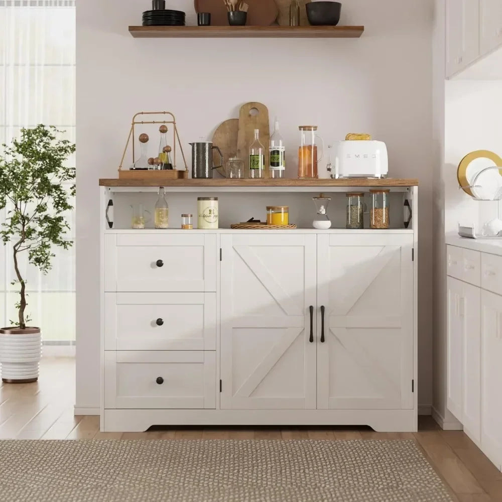 Farmhouse Buffet Cabinet with Drawers & Open Shelf, Sideboard with Storage, Kitchen Pantry Cabinet Hutch, Coffee Bar/Drinks