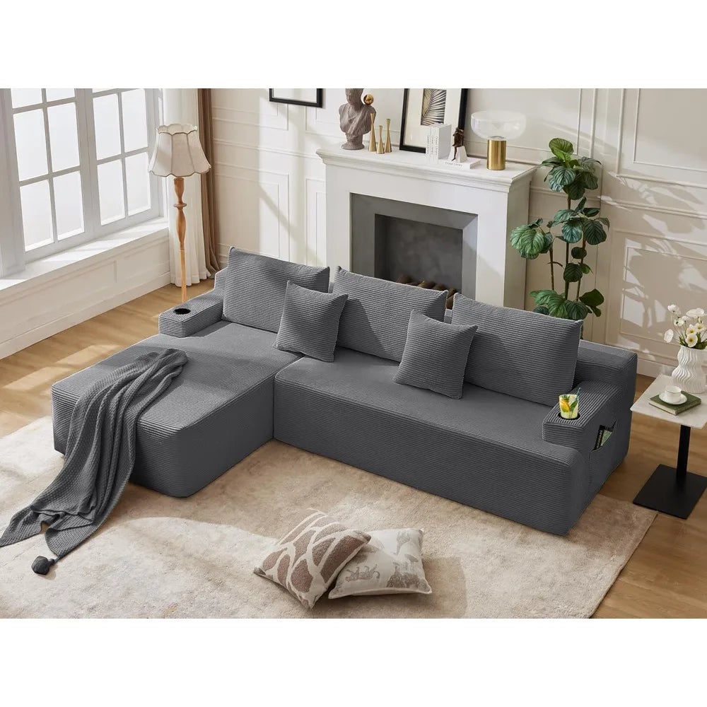 Cloud Sectional Couch Corduroy L-Shape Chaise Modular Sofa Deep Seat Boneless Couch Upholstered Living Room Furniture