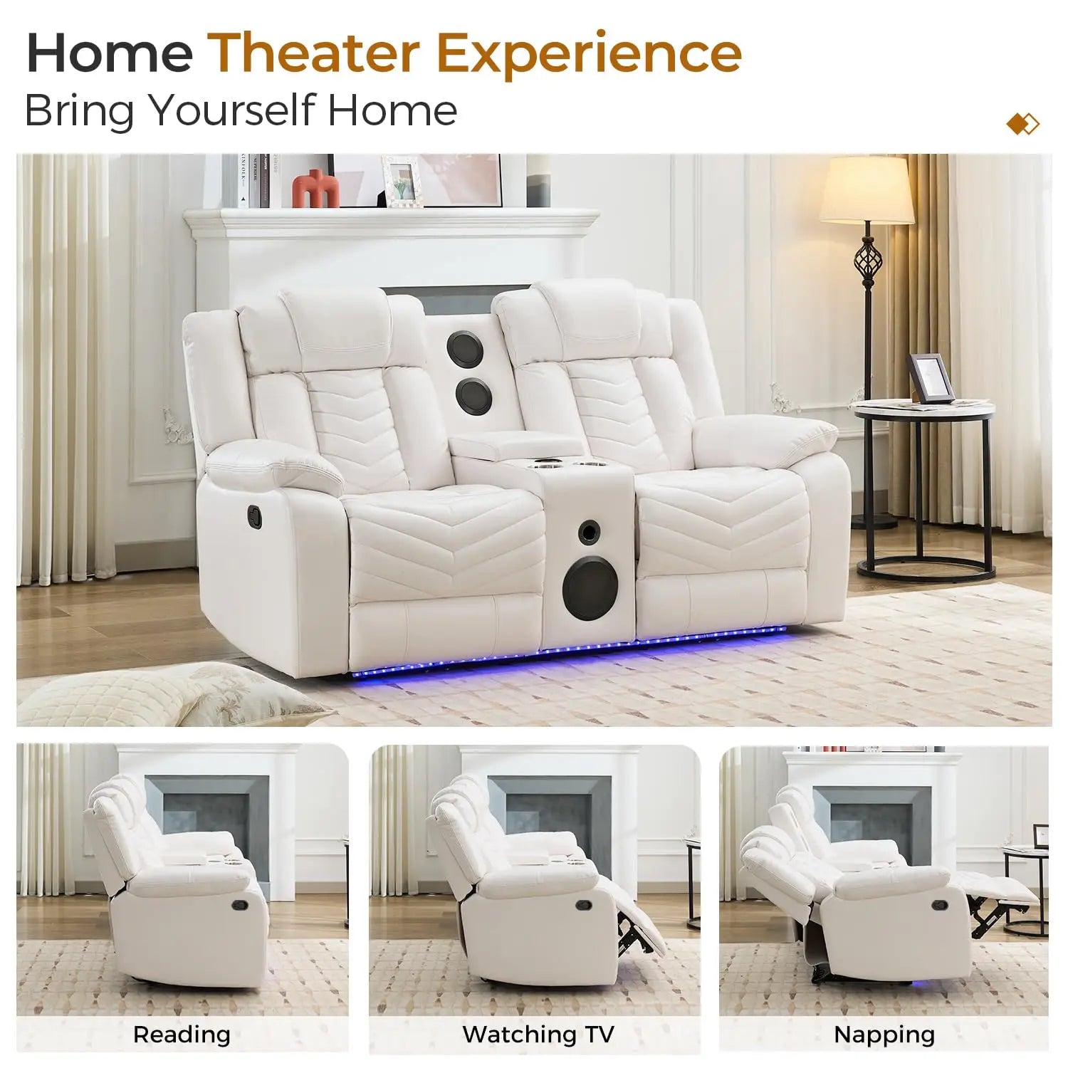 Manual Recliner Loveseat with Bass Speaker, Faux Leather Reclining Love Seat with LED Lights, USB Charger, Cup Holder