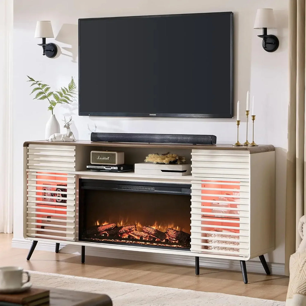 Fireplace TV Stand for 80" TV, Mid Century Modern Entertainment Center with 36" Electric Fireplace & Led Lights, Wood Media