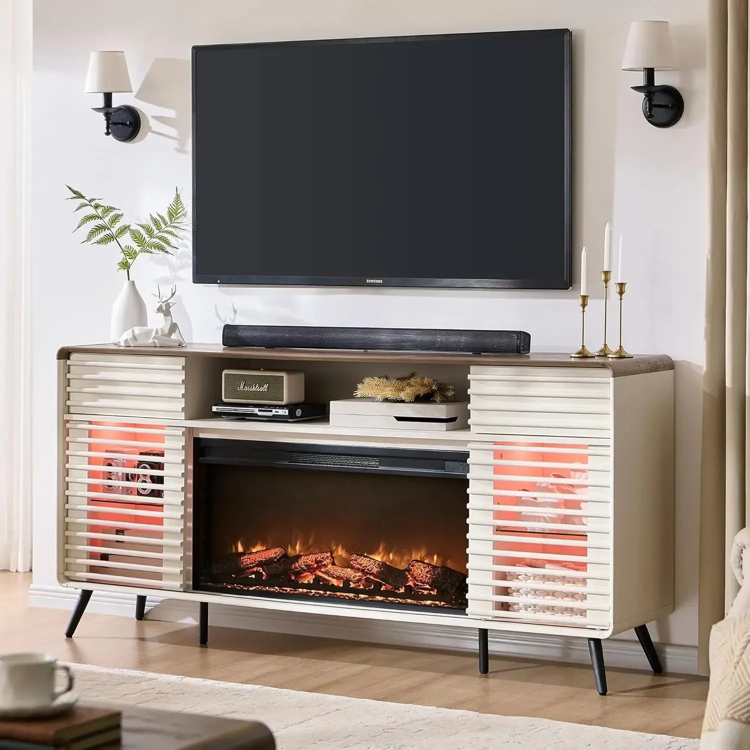 Fireplace TV Stand for 80" TV, Mid Century Modern Entertainment Center with 36" Electric Fireplace & Led Lights, Wood Media