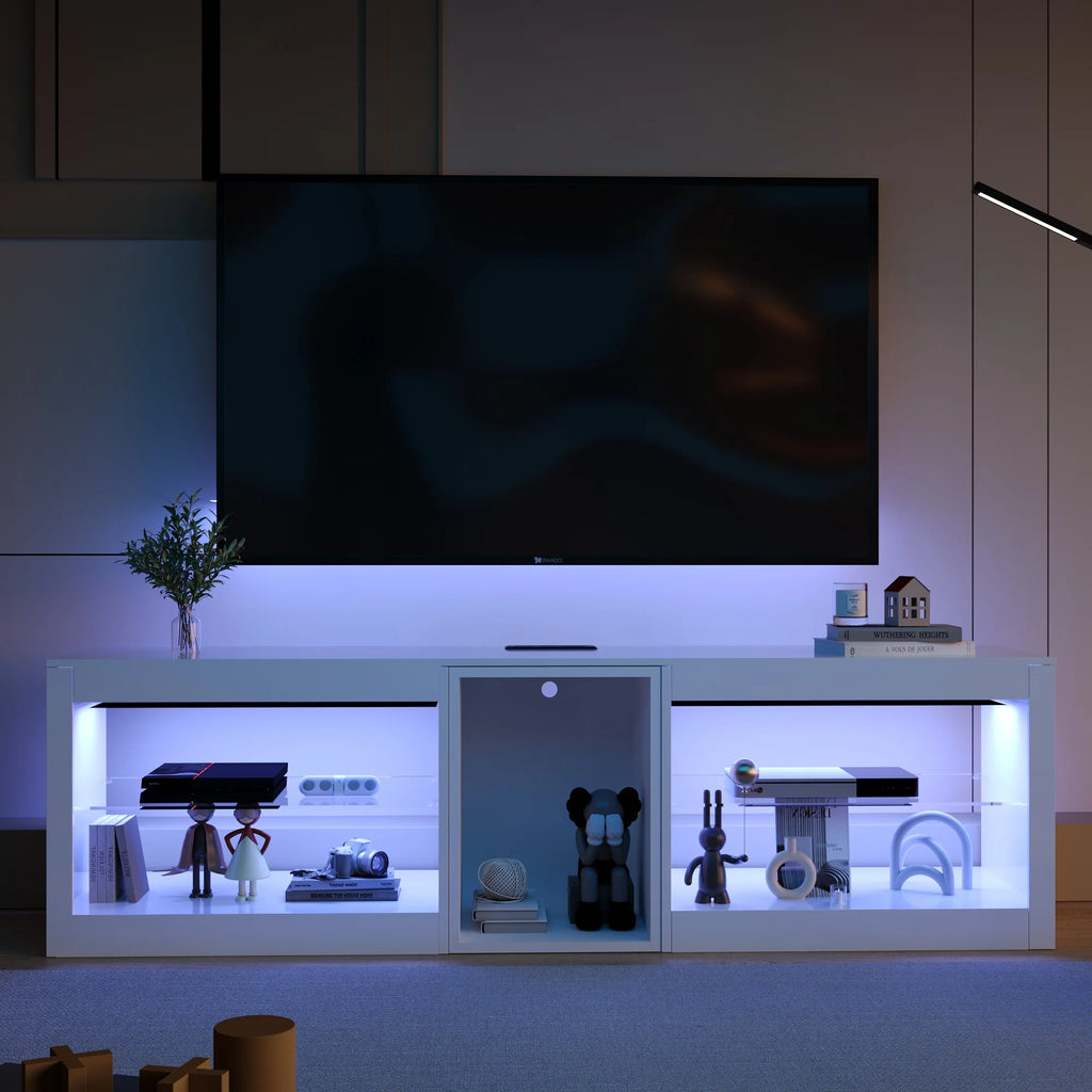 63" LED TV Stand for Televisions up to 70", TV Cabinet with Adjustable Glass Storage Shelves, Modern LED Entertainment Center