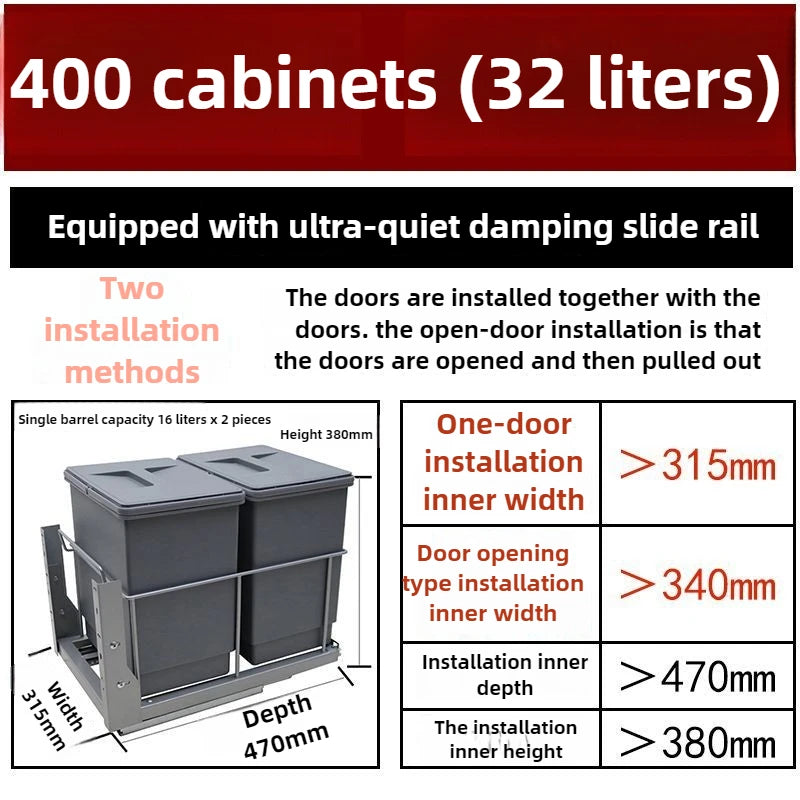 Kitchen Basket Hidden Recessed Trash Can with Lid,  Big Compartment Waste Bins,  Sink- Sorting Kitchen Storage Accessories