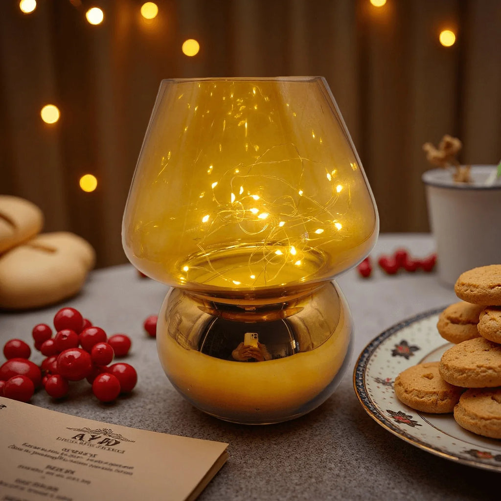 Glass Mushroom Table Lamp/ Battery Operated, Cute Mushroom Shaped LED Fairy Light, Portable Mini Glass Night Light for Bedroom Decor/ Corner Ambient Lighting, Battery Powered (Battery Not Included)