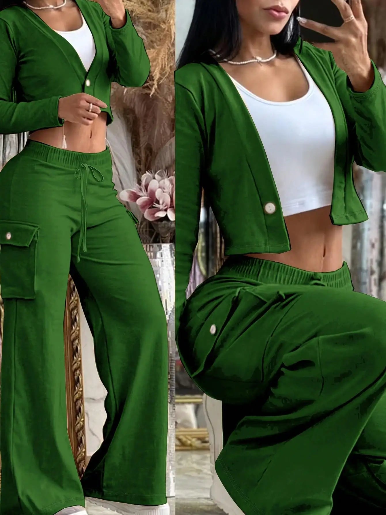 BWQ 2pcs/Set Women Popular Orange Knit Cardigan & Cargo Pant | V-Neck Button-Up Top Pants With Drawstring Waist | Elegant Casual