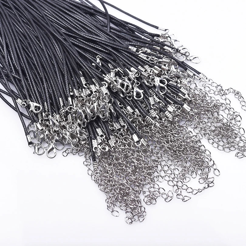 50/55/60cm Black Leather Rope Chain Necklace 10/20/30pcs/Lot Alloy Extended Chains Wax DIY Necklaces For Women Lobster Clasp