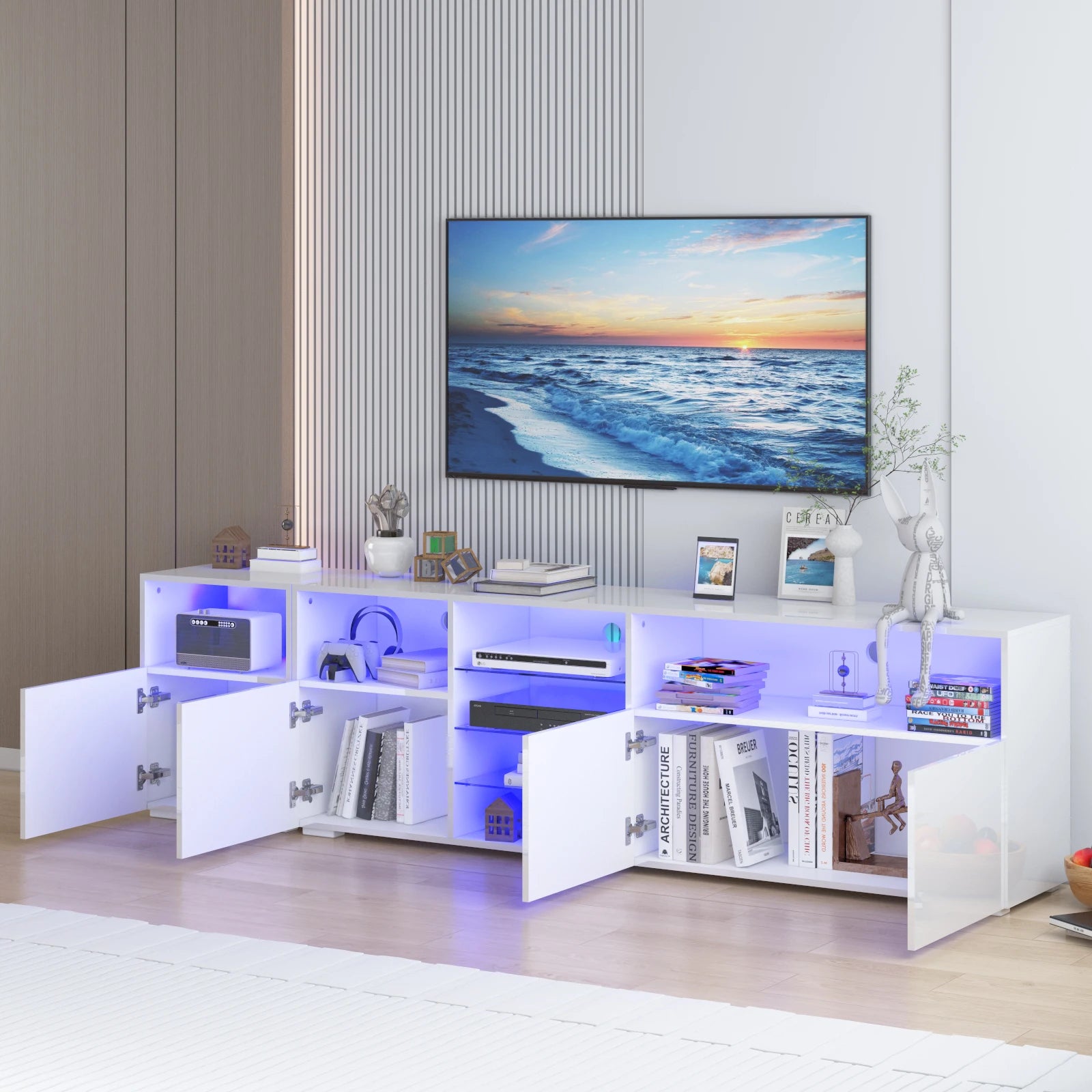 79" LED TV Stand for 75/80/85" TV,  High Gloss TV Cabinet w/Adjustable Storage Shelf, Modern Entertainment Center, White/Black