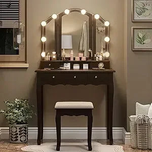 Makeup Vanity Set with Lighted Mirror and Stool, Dressing Table with 5 Drawers, and 3 Light Settings