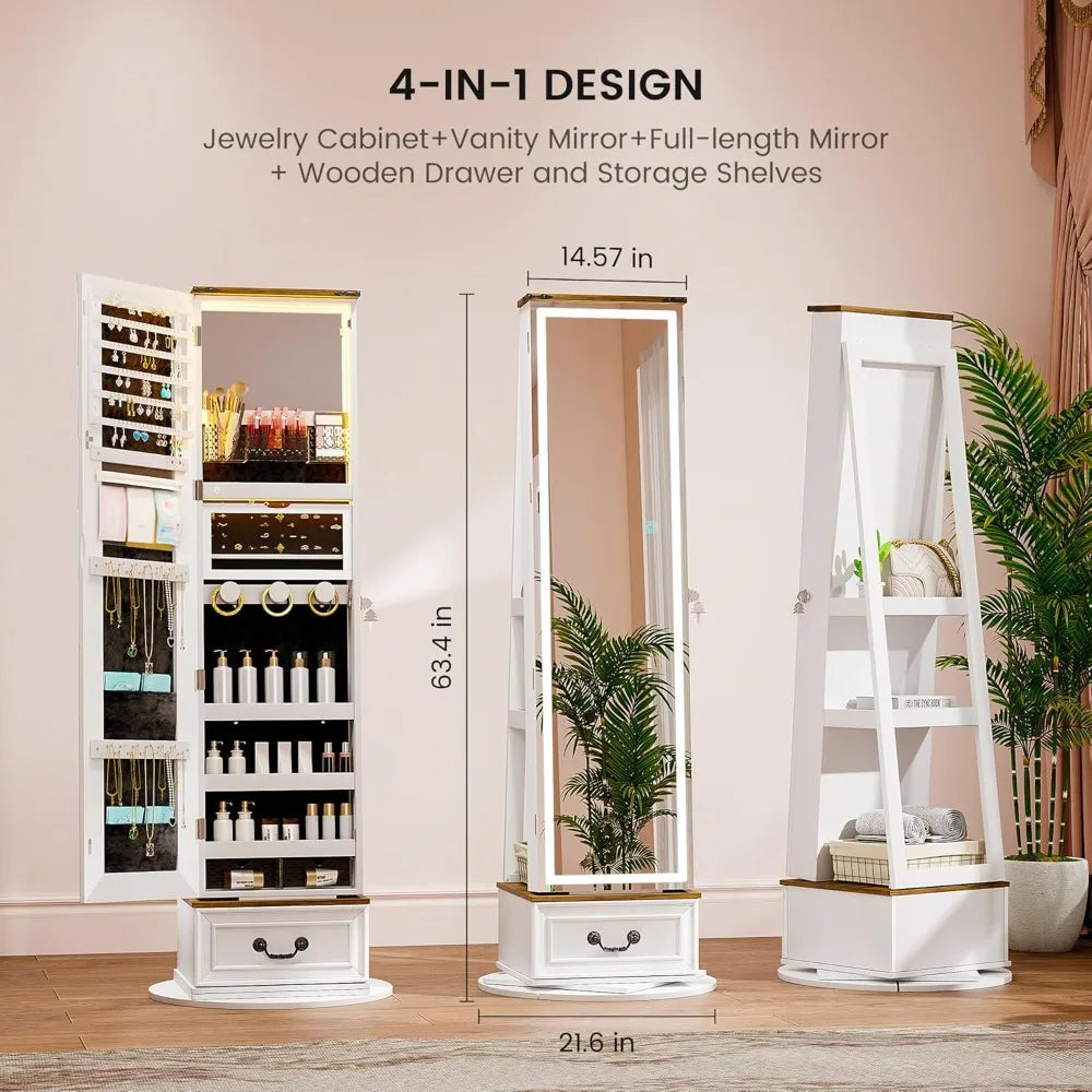 LED Mirror Jewelry Cabinet Standing, 360°Swivel Jewelry Armoire with Full Length Mirror, Mirror with Jewelry Storage and Large