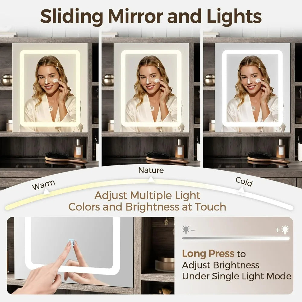 Makeup Vanity Desk With Sliding Mirror, Luminated Glass Top And 3-Tier Hidden Storage