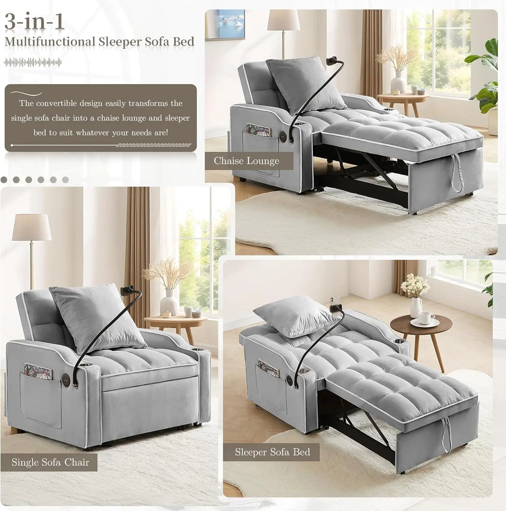 1 Velvet Single Small Futon Sofa Bed with Phone Holder & USB Ports, Pull Out Couch Recliner with Adjustable Backrest Room