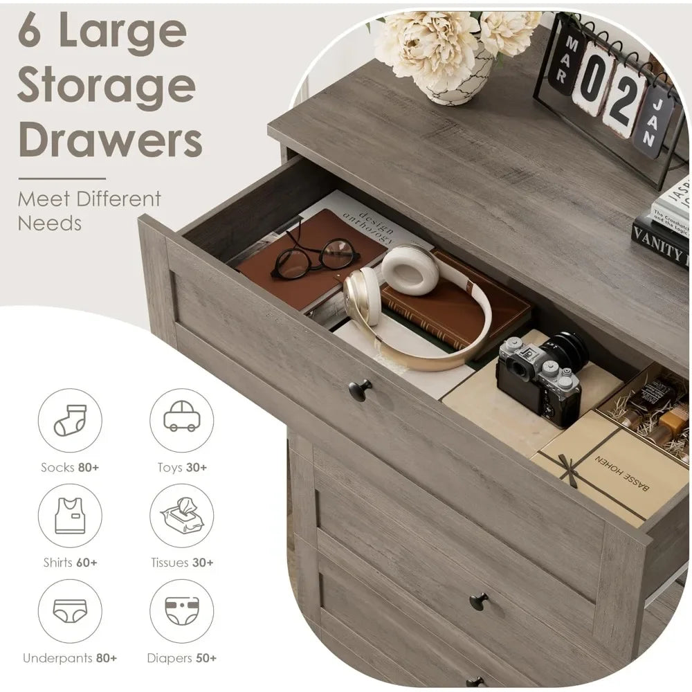 6 Drawer Dresser for Bedroom, 52" Tall Dresser & Chest of Drawers, 29" W Wood Drawer Chest, Modern Vertical Storage Cabinet