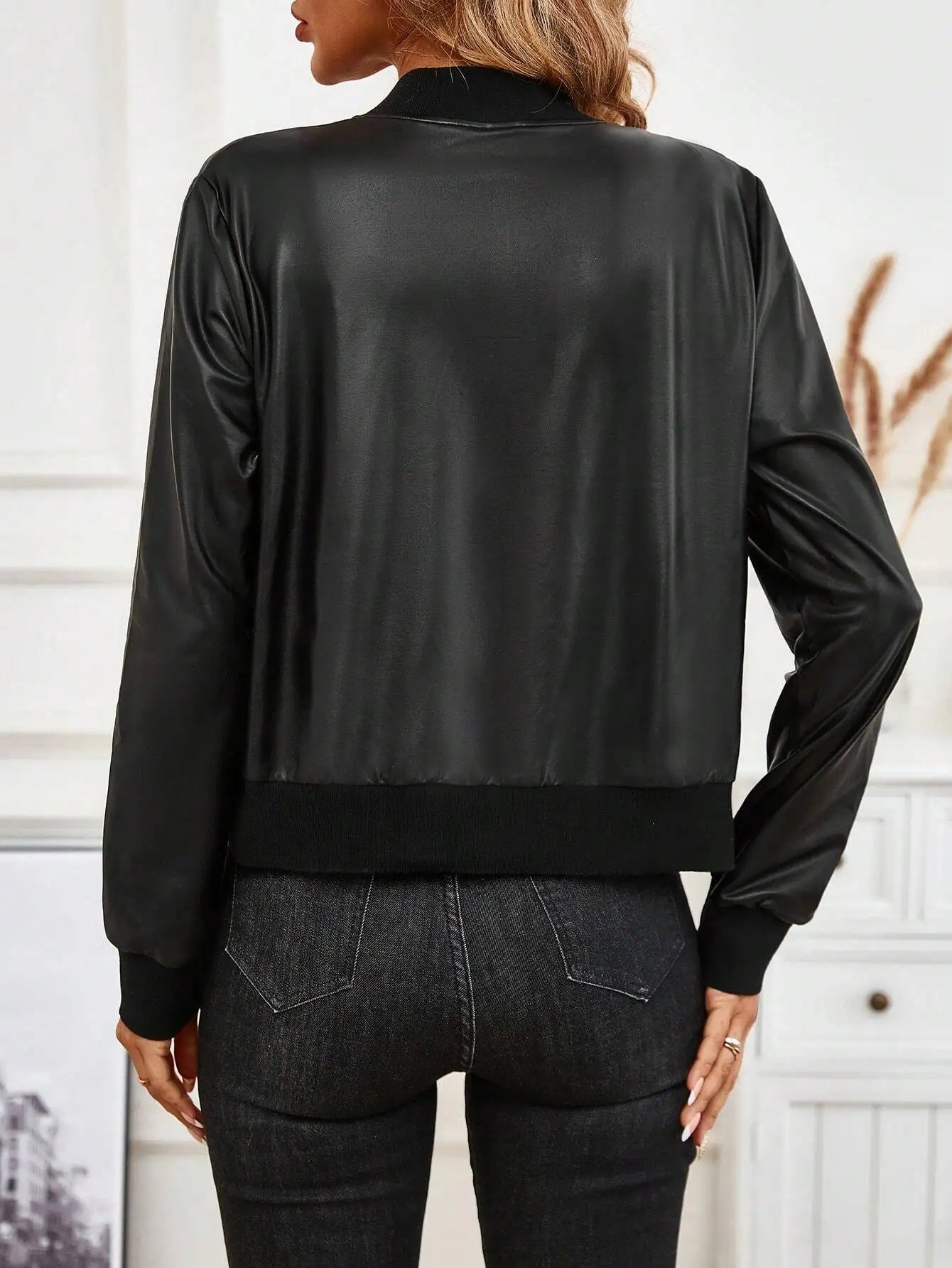 EMERY ROSE Zip Up Leather Look Bomber Jacket/ Fall Winter Cloth For Women