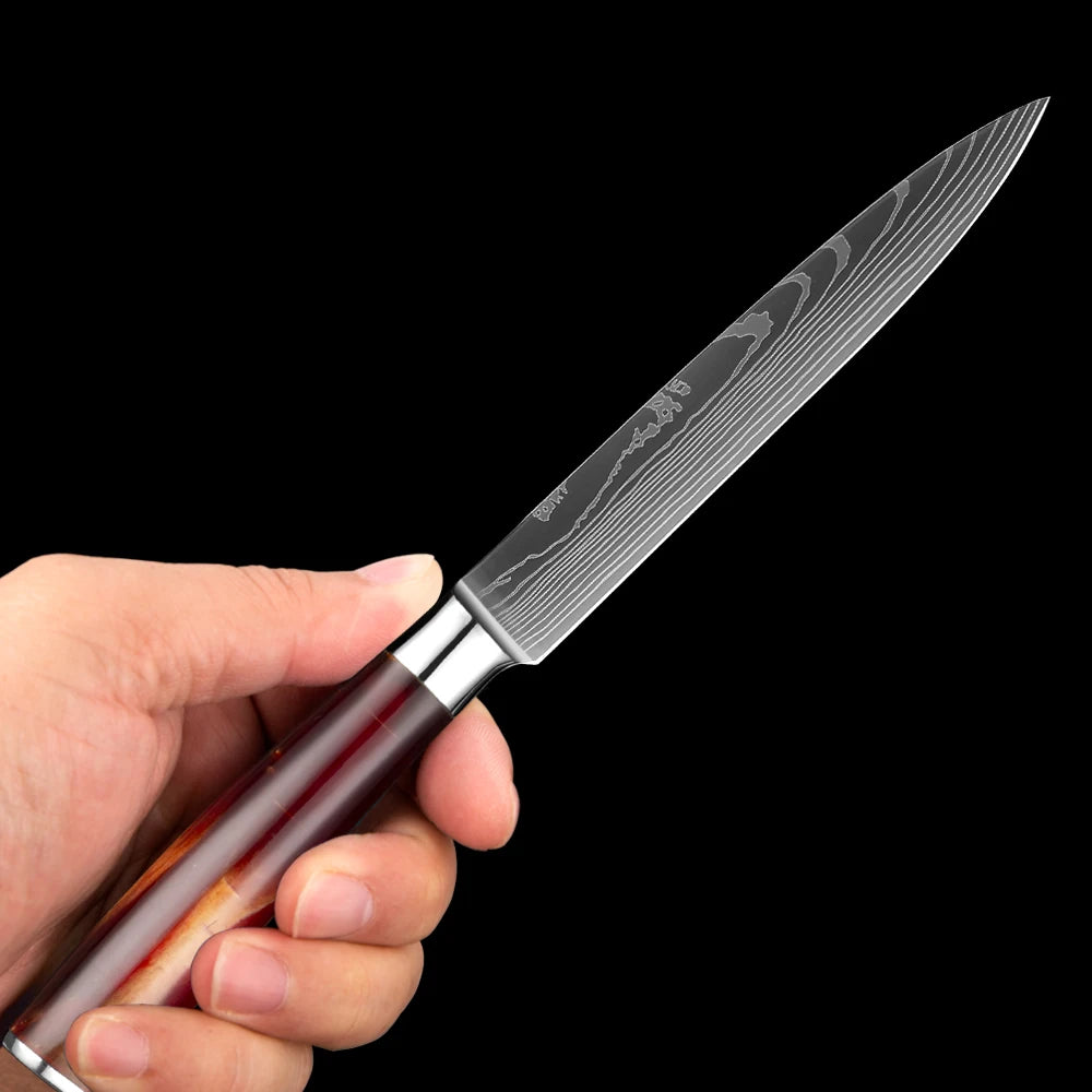 Kitchen Knife Set 15-Piece With Wooden Block, Laser Damascus Pattern Steel Professional Chef's Knife, With Scissor Sharpening Rod