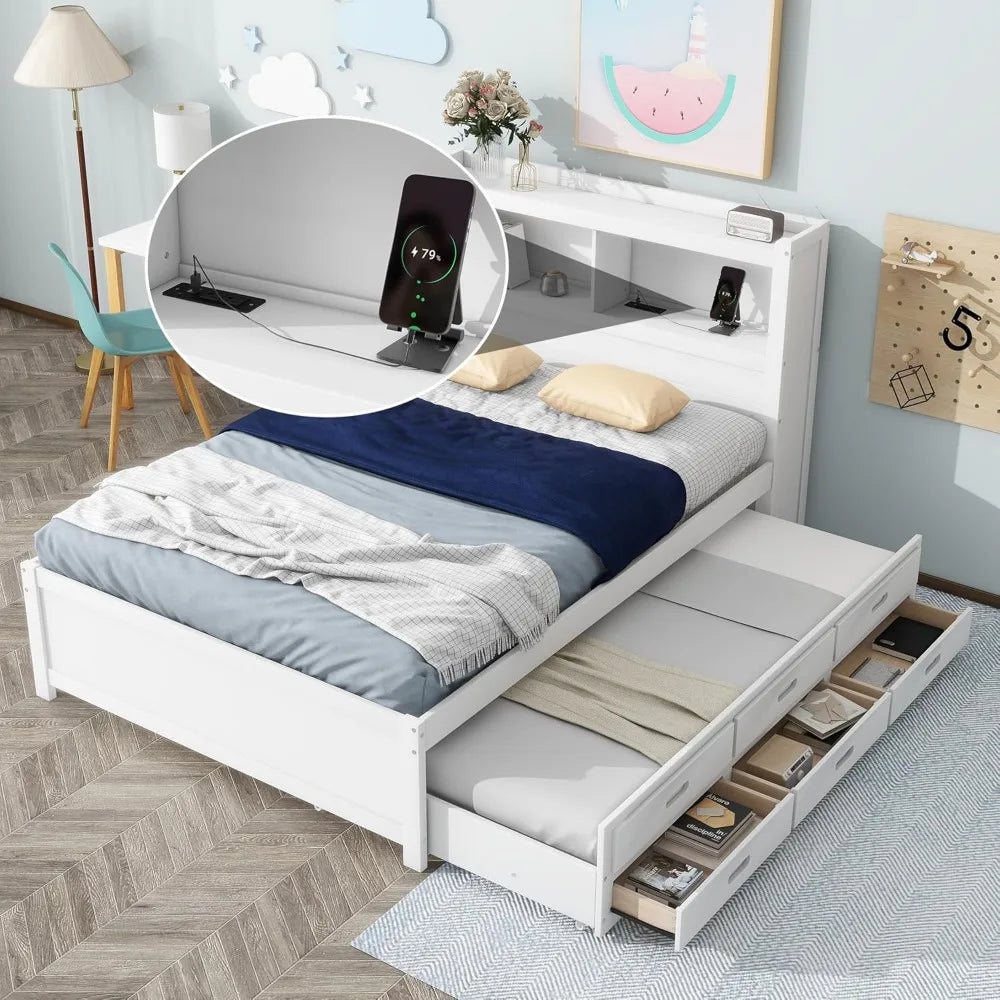 Full Size Platform Bed with Trundle, Drawers and Bookcase Headboard with USB Plugs