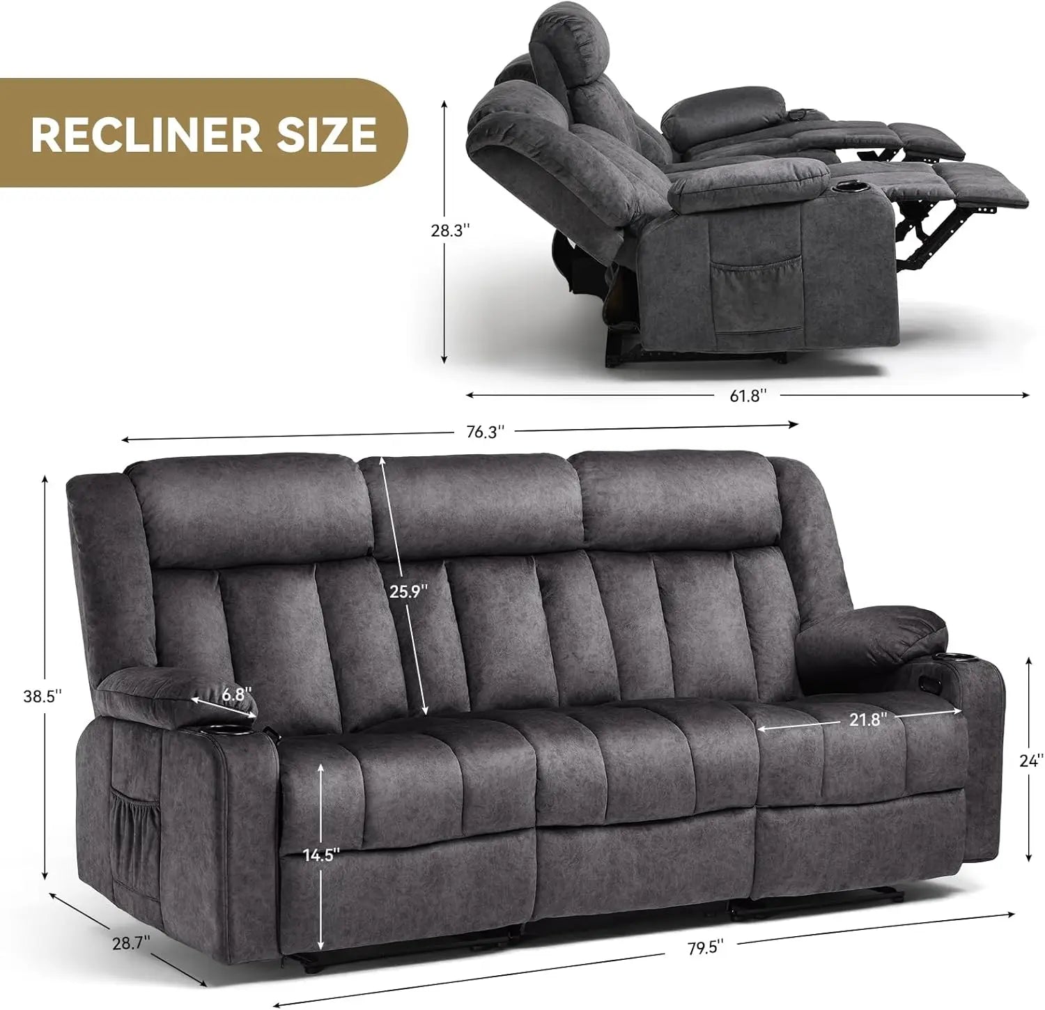 Manual Recliner Chair Set, Fabric Reclining Sofa Chair with Cup Holders, Upholstered Recliner with Side Pockets Suitable