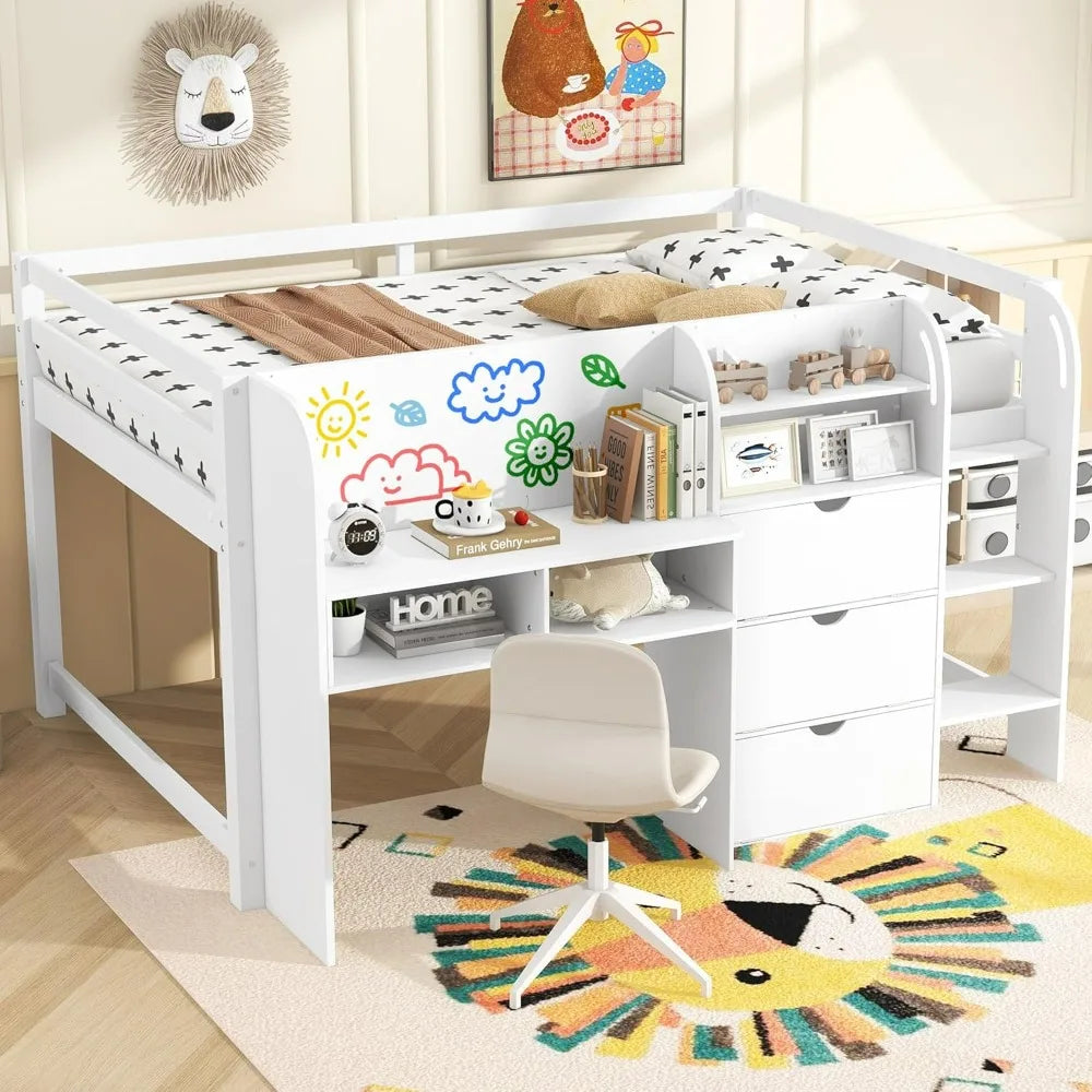 Modern Farmhouse Style Kids' Full Size Loft Bed with Desk, Storage, and Bookcase