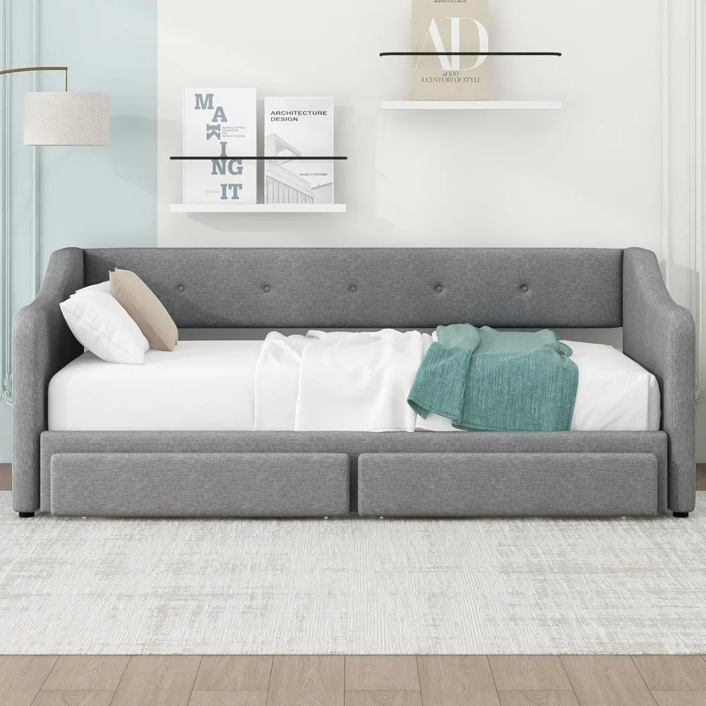 Merax Linen-Covered Daybed with Trundle and Storage Drawers, Twin/ XL to King Wooden Bed Frame with Buttoned Back for Living Space