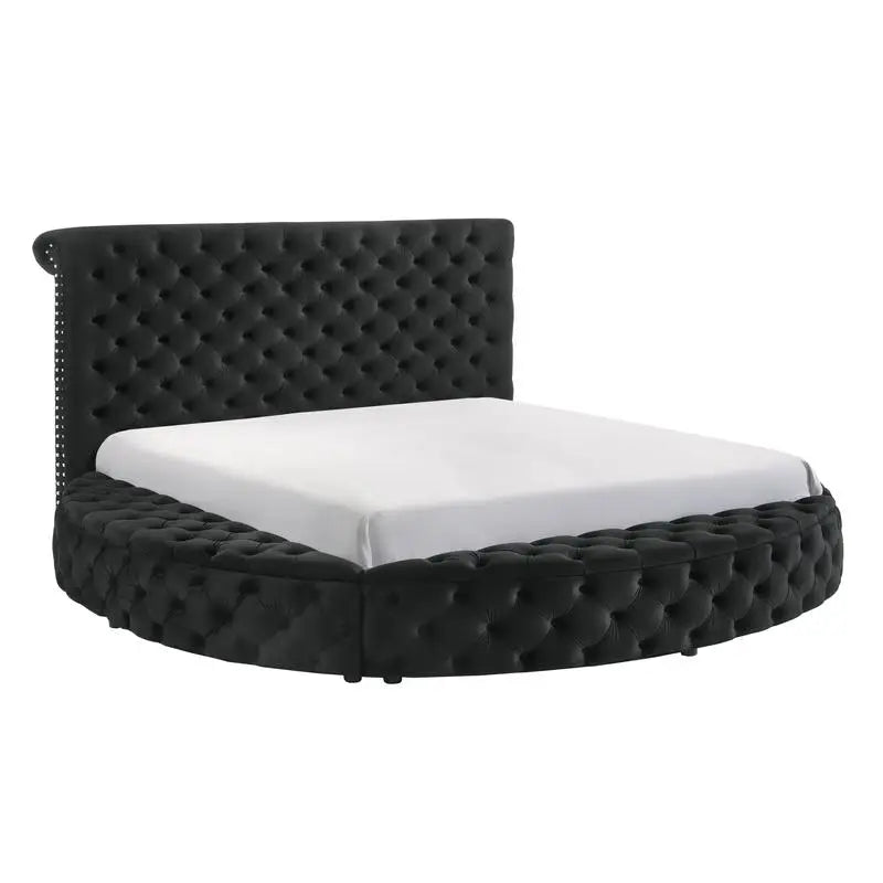 King Size Black Velvet Button-Tufted Storage Bed- 3pc Wooden Bedroom Furniture Set