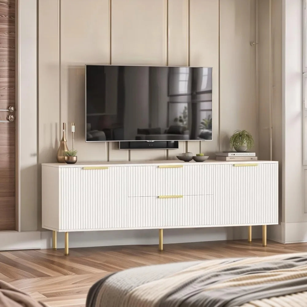 TV Stand for 70+ Inch TV, Modern Media Console, White TV Stand for Bedroom, Entertainment Center with Drawers, Soft-Close Doors