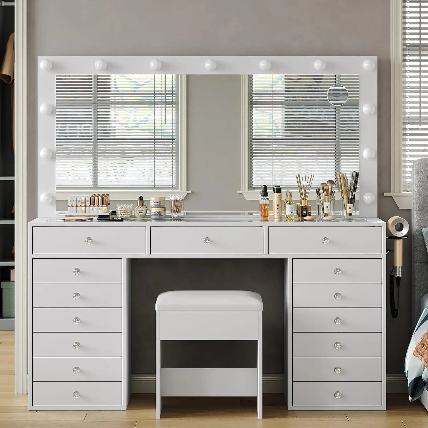 55" W Vanity Desk, Makeup Vanity with Charging Station, 15 Drawers with Lighted Mirror, 3 Lighting Modes, Brightness