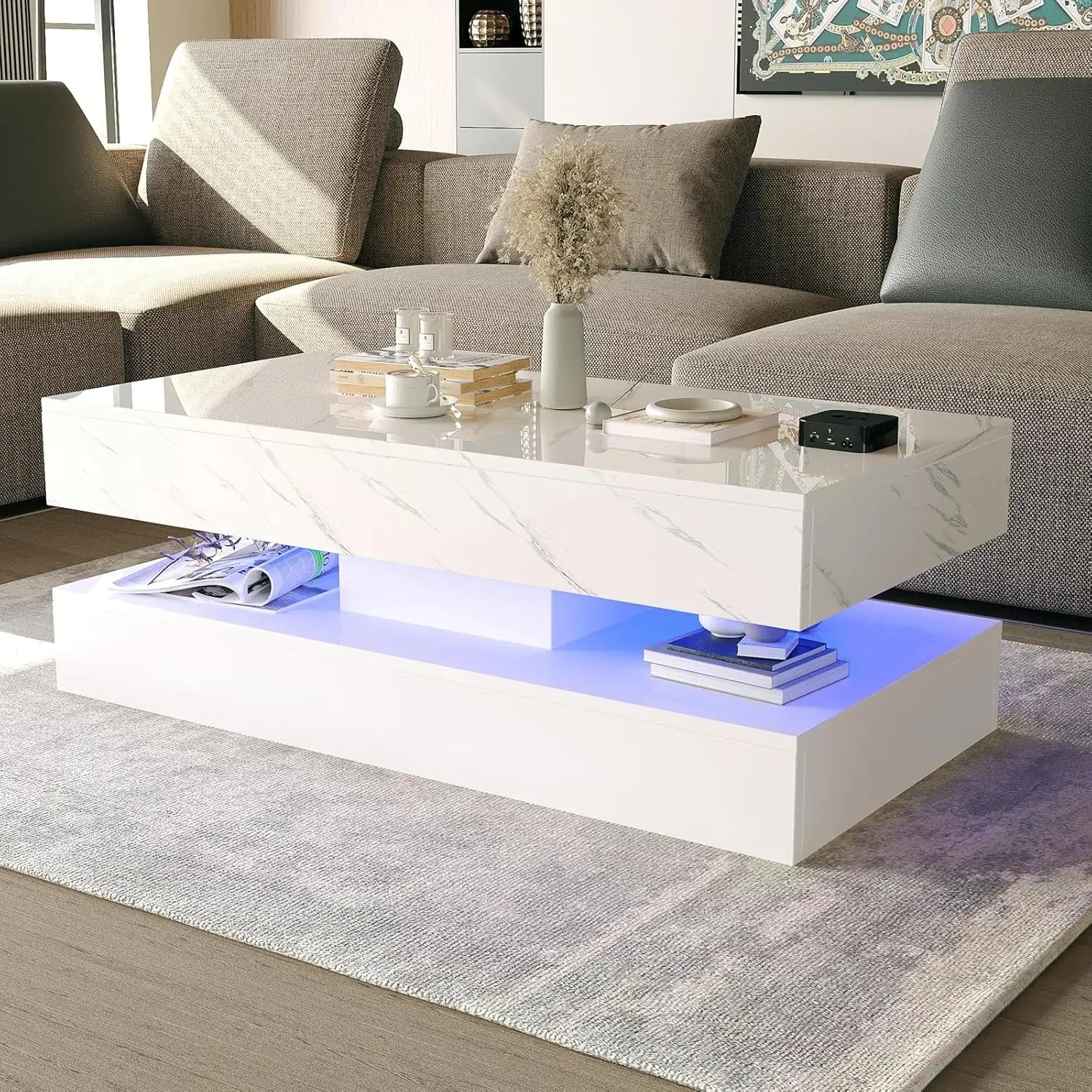 LED Coffee Table with Storage Drawers, Modern High Gloss Coffee Table  LED Lights,  Rectangle Center Table