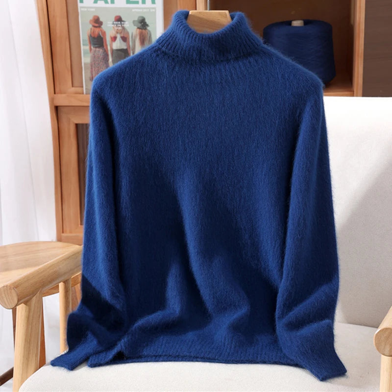 Autumn And Winter 100% Mink Cashmere Sweater, Ladies' High Lapel Solid Color Padded Pullover Wool Knitted Bottoming Shirt