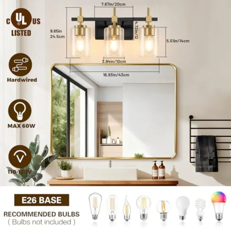 3-Light Bathroom Light Fixtures, Vanity Lights for Bathroom with Textured Glass Shade, Modern Vanity Wall Lighting Over Mirror,