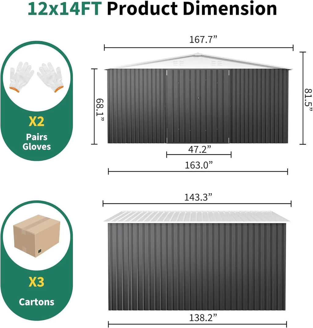 12x14 FT Outdoor Storage Shed, Metal Garden Shed with Lockable Doors, Waterproof Tool Shed for Backyard