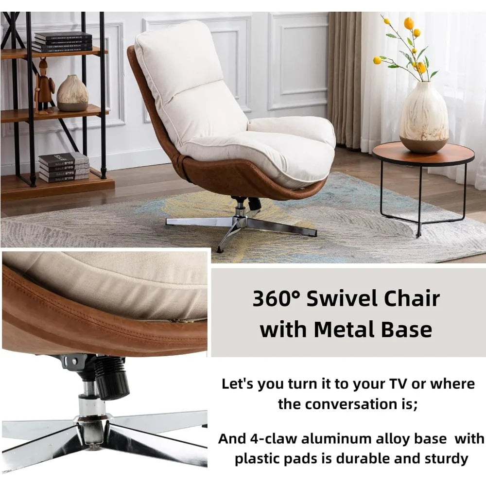 Linen Swivel Lounge Chair, Upholstered High Back Accent Chair with Metal Base Armless Comfy Modern Recliner Chair for Living Room