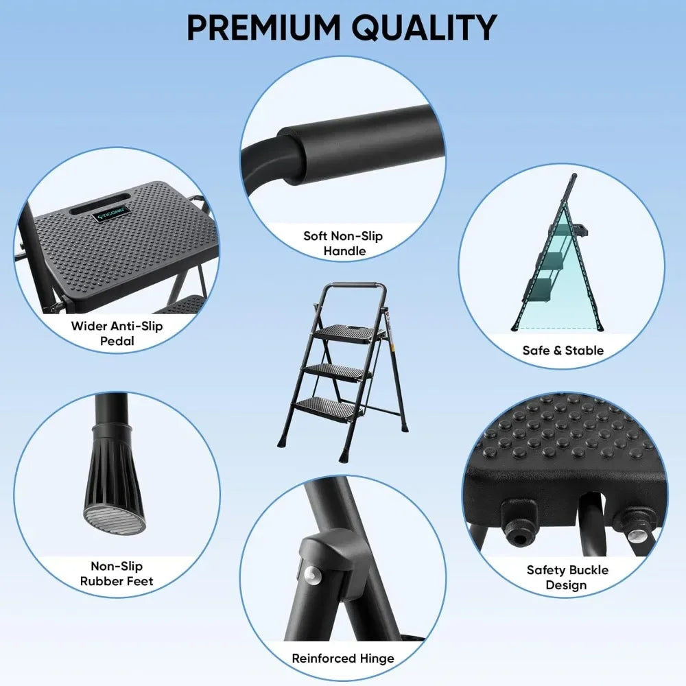 Customizable- 3 Step Ladder, Heavy Duty Foldable Step Stool, Portable Steel Folding Stool For Household Garage Storage