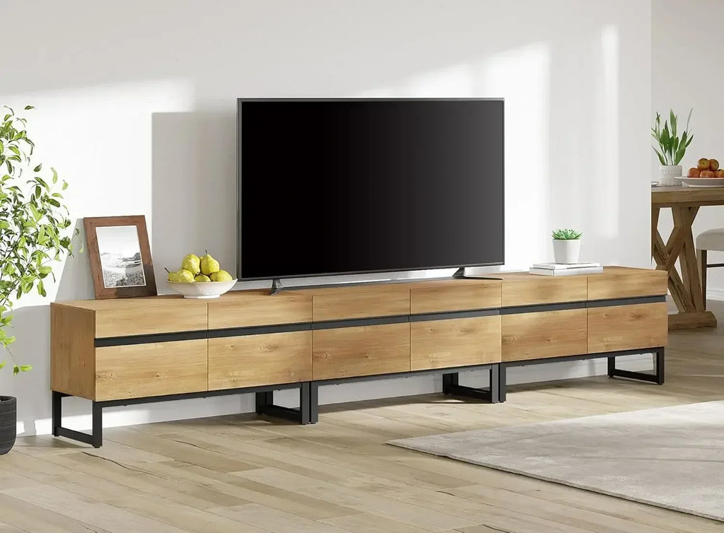 Modern TV Stand for TVs up to 110 inch, 3 in 1 Entertainment Center TV Console with Storage Cabinets Living Room, Oak
