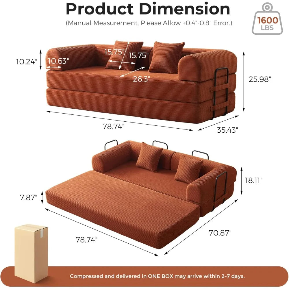 5-in-1 Convertible Sofa Bed | 79" Modular Sleeper with Fixed Frame & No Assembly | Boneless Compression & Pull Out Bed