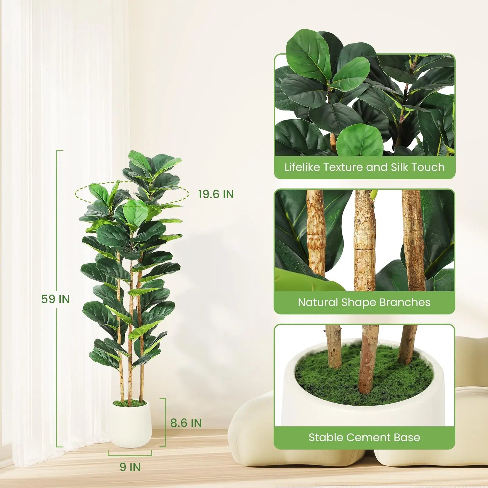 Artificial Fiddle Leaf Fig Tree with White Planter, 5/6/7 ft Tall Fake Plant with Natural Wood Trunk, Faux Ficus Tree Potted Moss for Home /Office/ Living Room Decor