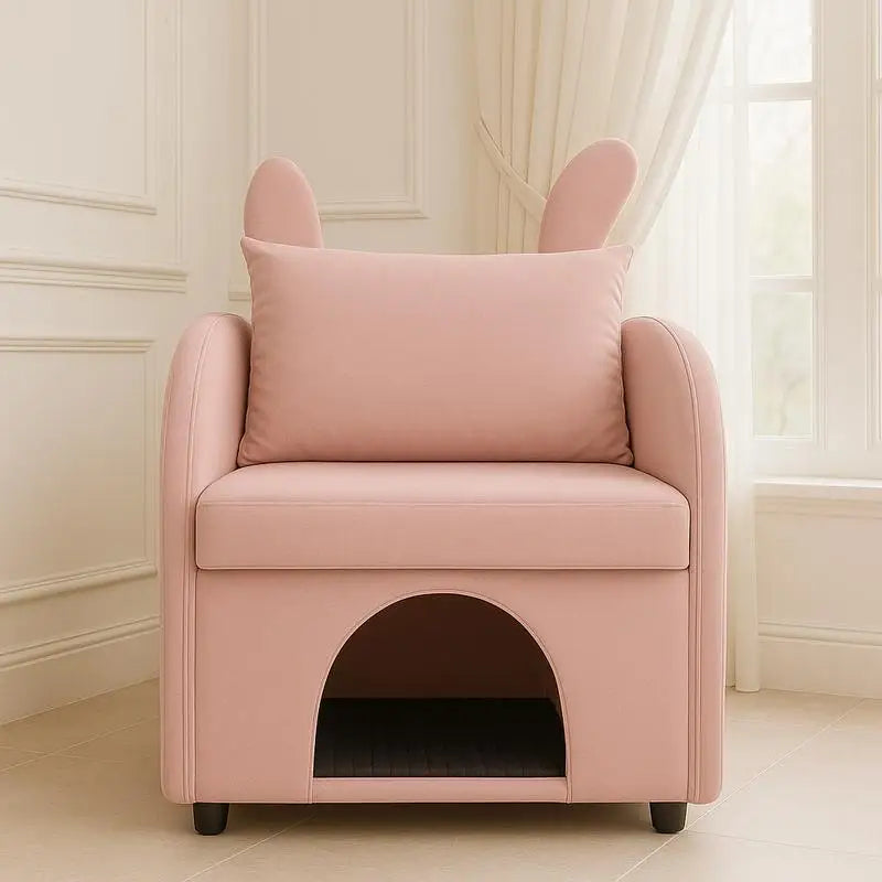 Pet-Friendly Velvet Pink Bunny-Ear Armchair with Cat & Dog Hideaway, Plush Dual-Use Chair with Side Pocket, 27.4 x 25.2 x 37.4