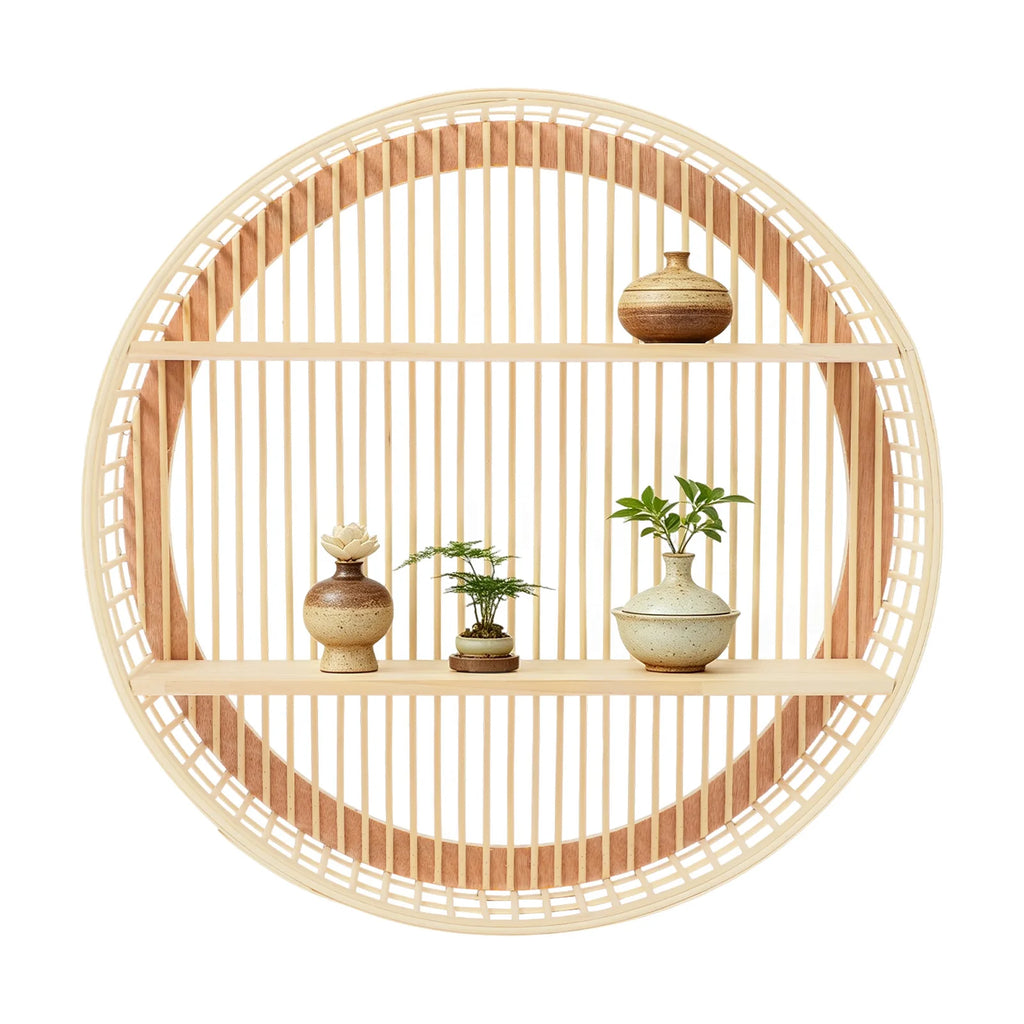 Round Wall Shelf 2 Tier Circle Wicker Hanging Shelf Display Storage Farmhouse Home Decorations or Dining Room/ Living Room/ Office/ Kitchen/Bathroom
